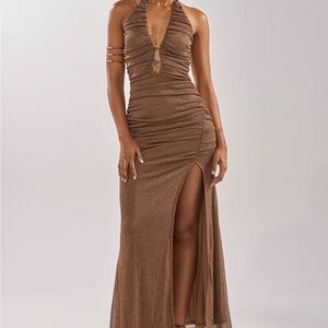 Metallic Brown Halter Maxi Dress